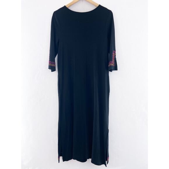Patio Casuals Boho Patio Dress Small Black Embroidered Stretch Jersey Dress Midi - Picture 2 of 6
